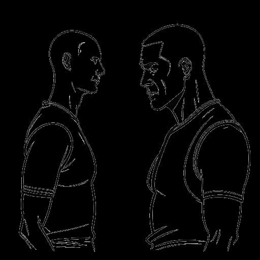 Disegno in bianco e nero di due uomini in un ambiente di addestramento rappresentante l'addestramento di N3on con Andrew Tate e l'adozione del look con taglio a spazzola.