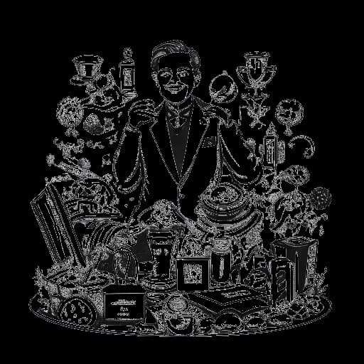 Dibujo de arte lineal de un hombre aristocrático representando a Drake, rodeado de símbolos de logros y opulencia, reflejando su éxito y emprendimientos empresariales.