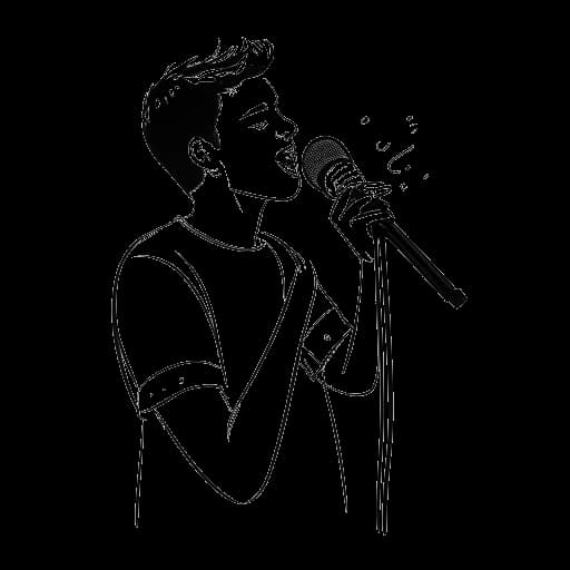 Dibujo de arte lineal de un joven representando a Drake, sosteniendo un micrófono con notas musicales fluyendo alrededor, simbolizando su cambio de la actuación a la música.