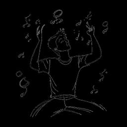 Dibujo de arte lineal de un joven representando a Drake, en una postura relajada con notas musicales fluyendo alrededor, simbolizando su cambio de la actuación a la música.