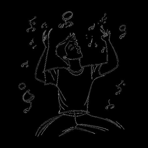 Dibujo de arte lineal de un joven representando a Drake, en una postura relajada con notas musicales fluyendo alrededor, simbolizando su cambio de la actuación a la música.