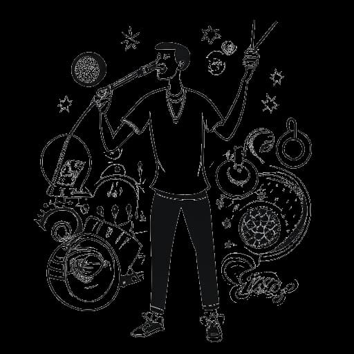 One-line art of a man representing Drake, confidently holding a microphone with music notes, a basketball, whiskey bottle, and record label symbol around him, evoking his diverse income sources, on a white backdrop.