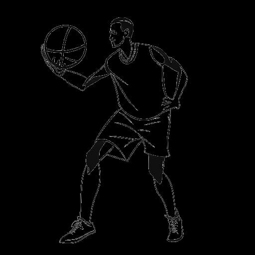 Line art drawing of Drake, playing basketball and holding an A.C. Milan soccer jersey, representing his enjoyment of basketball and being a partial owner of A.C. Milan as of 2022