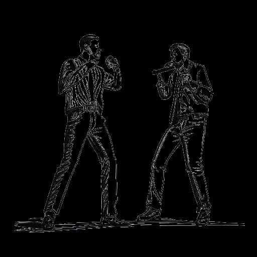 Line art drawing of Drake and Lil Wayne performing on stage, representing Drake's music career boost after joining Lil Wayne's Carter III tour