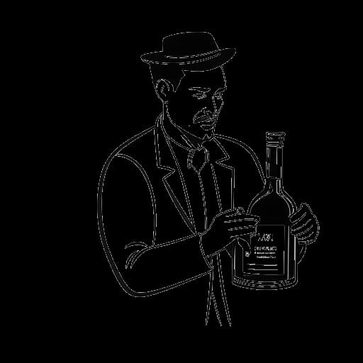 Line art drawing of Drake, holding a record and a bottle of Virginia Black whiskey, representing his co-founding of OVO Sound record label and launching Virginia Black