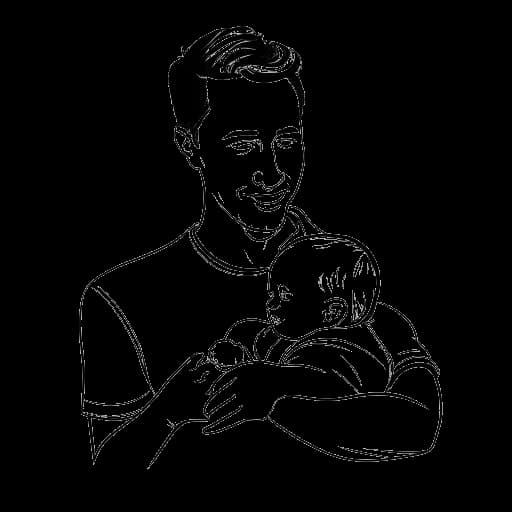 Line art drawing of Drake, holding his son Adonis, representing his sharing a son with French artist Sophie Brussaux