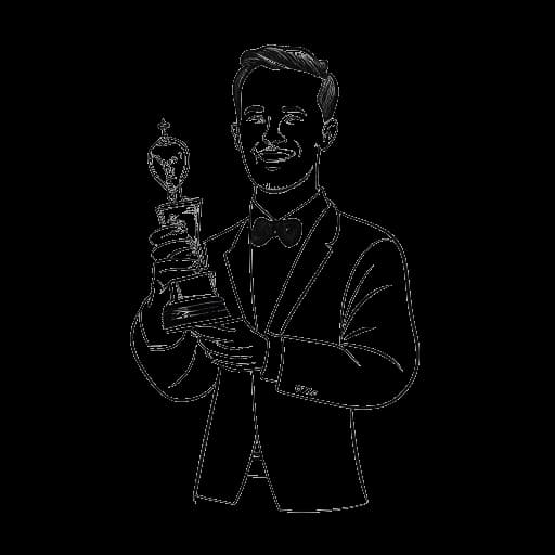 Line art drawing of Drake, holding a Grammy award, representing his album 'Take Care' winning Best Rap Album in 2013