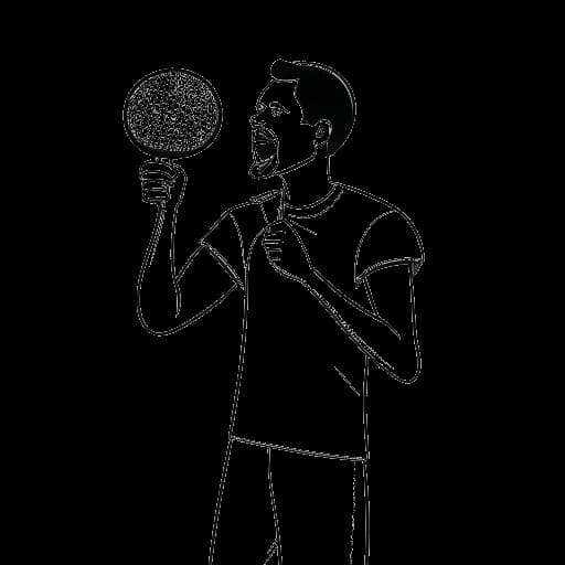Line art drawing of Drake, holding a basketball and a microphone, representing his role as the global ambassador for the Toronto Raptors and starting OVO Fest in Toronto