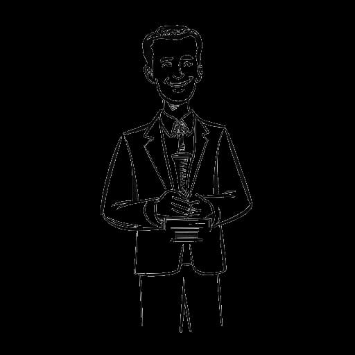 Line art drawing of Drake, holding a Young Artist Award, representing his award for his role in 'Degrassi: The Next Generation'