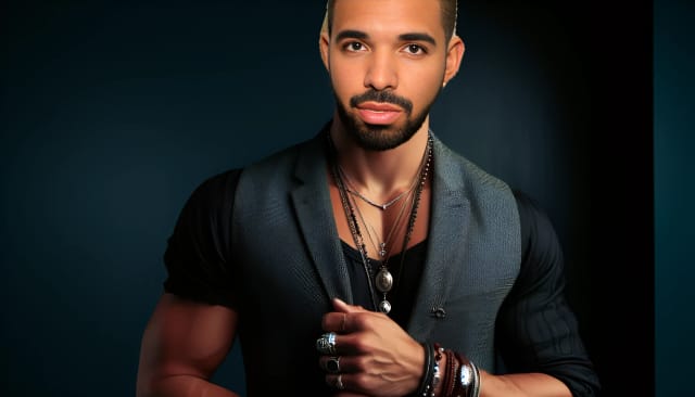 Aubrey Drake Graham, dressed in luxury attire, decked with jewelry, exuding a strong presence in front of a dark backdrop.