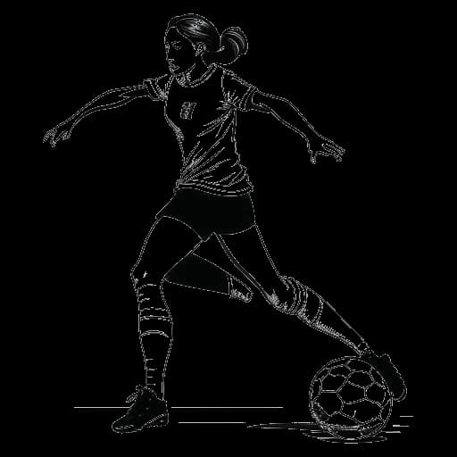 Strichzeichnung einer Frau, die Antonia Staab darstellt, ein Fußballtrikot trägt, mit einem entschlossenen Ausdruck ist und einen Ball auf ein Grasfeld zu einem Tor schießt.