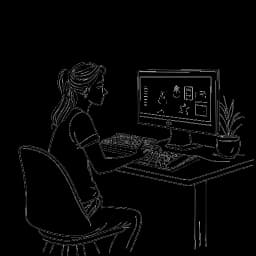 Strichzeichnung einer Frau, die Antonia Staab darstellt, die vor einem Computer sitzt, mit einem Chat-Fenster voller unterstützender Kommentare und Emotes.