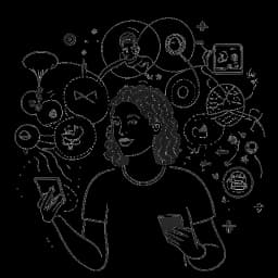 Desenho em arte linear de um homem representando Plaqueboymax, interagindo com um grupo diversificado de criadores, fomentando conexões com a comunidade e demonstrando crescimento criativo na esfera digital.
