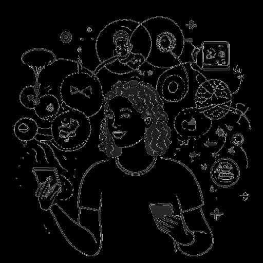 Desenho em arte linear de um homem representando Plaqueboymax, interagindo com um grupo diversificado de criadores, fomentando conexões com a comunidade e demonstrando crescimento criativo na esfera digital.
