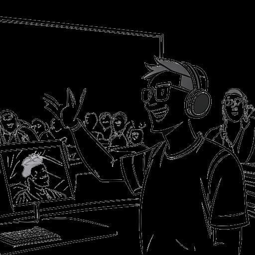 Desenho em arte linear de um homem representando Plaqueboymax, transmitindo de forma independente diante de uma tela digital, demonstrando entusiasmo e interação com os espectadores.