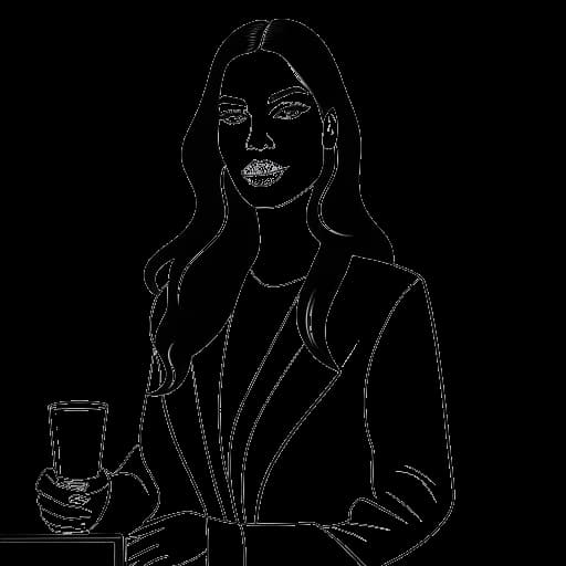 Desenho de arte de linha de uma mulher, representando Kim Kardashian, diversificando suas fontes de renda por meio de reality shows, produtos de beleza, empreendimentos de jogos, estudos jurídicos e iniciativas de capital privado, em um fundo branco.