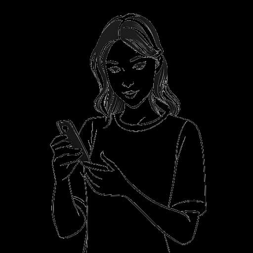 Desenho de arte de linha de uma mulher, representando Kim Kardashian, segurando um smartphone com seu personagem do jogo