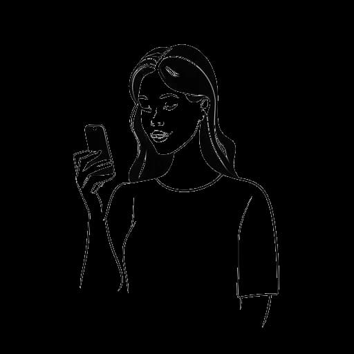Desenho de arte de linha de uma mulher, representando Kim Kardashian, segurando um smartphone com o logotipo do Instagram