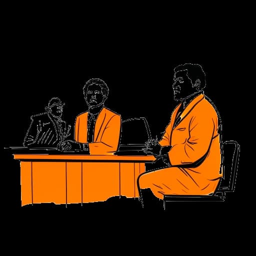 Desenho de arte de linha de um homem, representando Robert Kardashian, defendendo outro homem em um tribunal