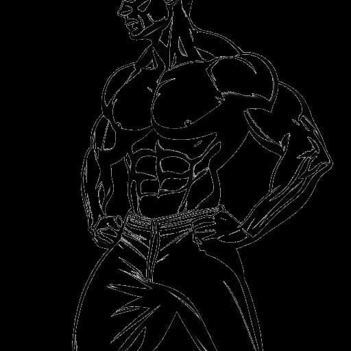 Linienzeichnung eines durchtrainierten athletischen Mannes, der Marc Eggers darstellt und während eines Fitness-Fotoshootings posiert, was sowohl auf seine Athletik als auch auf seine Modelkarriere hinweist.