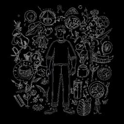 Linienzeichnung eines Mannes, der Marc Eggers darstellt und Stärke inmitten eines komplexen Hintergrunds ausstrahlt, was seine Lebenskämpfe, Triumphe und einflussreichen persönlichen Erfahrungen symbolisiert.