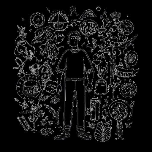 Linienzeichnung eines Mannes, der Marc Eggers darstellt und Stärke inmitten eines komplexen Hintergrunds ausstrahlt, was seine Lebenskämpfe, Triumphe und einflussreichen persönlichen Erfahrungen symbolisiert.