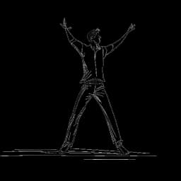 Linienzeichnung eines Mannes, der Marc Eggers darstellt und eine dynamische Tanzpose auf einer Fernsehbühne einnimmt, was seinen Übergang vom Straßentanz zum Bildschirmerfolg symbolisiert.