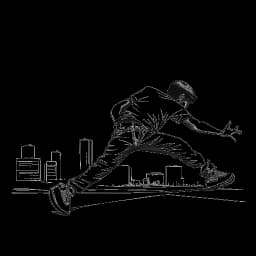 Linienzeichnung eines Mannes, der Marc Eggers darstellt und in einer Breakdance-Performance auf einer lebendigen Stadtstraße vertieft ist, was seine Flucht vor Widrigkeiten darstellt.