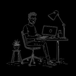 Linienzeichnung eines Mannes, der Marc Eggers darstellt und inmitten eines bequemen Video-Einrichtungs-Setups sitzt, was seine YouTube-Karriere und unternehmerischen Ausflüge in die Beauty-Branche symbolisiert.