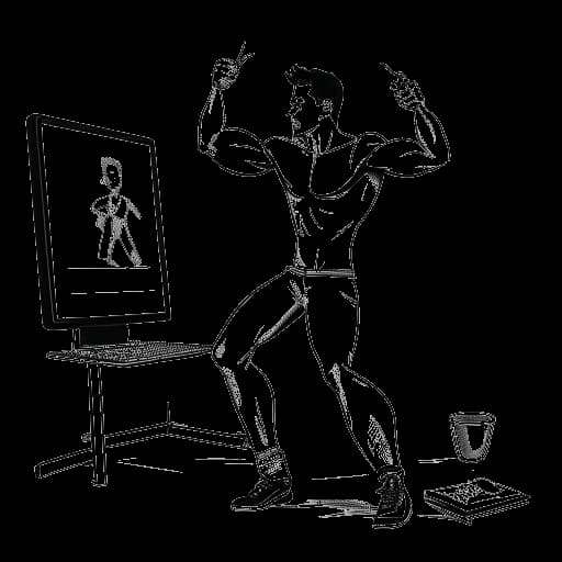 Ein Mann, der Marc Eggers repräsentiert, macht Breakdance in Sportkleidung, hält ein Mikrofon in der anderen Hand, mit einer YouTube-Seite auf einem Computerbildschirm im Hintergrund zusammen mit einem Glas Haarwachs vor einem schlichten Hintergrund.