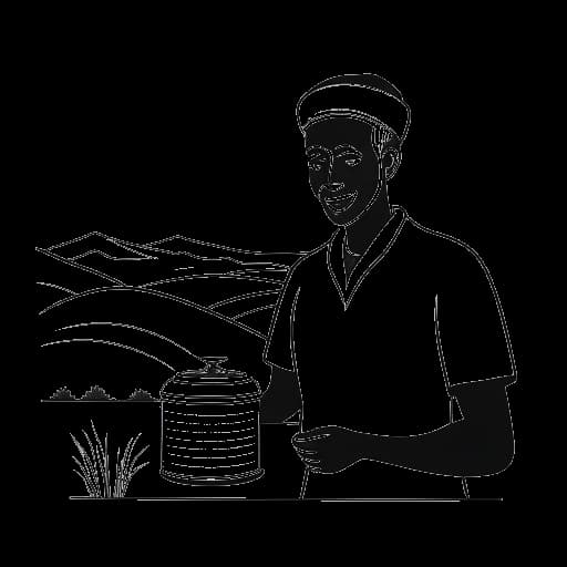 Strichzeichnung eines Mannes, der eine Spendendose hält und Marc Eggers darstellt, mit einer afrikanischen Landschaft im Hintergrund.