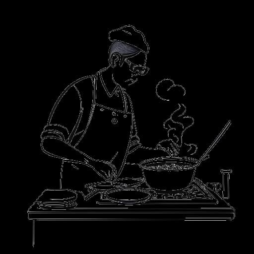 Strichzeichnung eines Mannes beim Kochen, der Marc Eggers darstellt, mit Küchenutensilien und einer Gesichtsmaske im Hintergrund.
