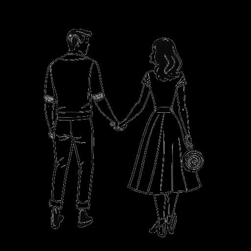 Strichzeichnung eines Paares, das Händchen hält und Marc Eggers und Gizem Emre darstellt, mit Filmrollen im Hintergrund.