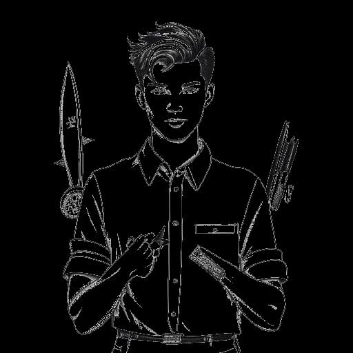 Strichzeichnung eines jungen Mannes, der Marc Eggers darstellt, der einen Kamm und eine Schere hält, mit Modezeichnungen im Hintergrund.