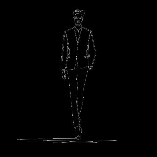 Strichzeichnung eines Mannes, der auf einem Laufsteg posiert und Marc Eggers darstellt, mit einem Model-Agentur-Logo im Hintergrund.