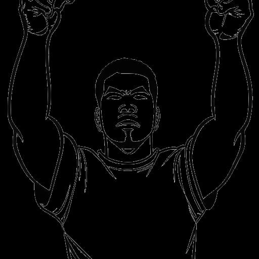 Strichzeichnung eines Mannes, der die Fäuste hochhält und Marc Eggers darstellt, mit einem 'Keine Drogen'-Symbol und einer Musik im Hintergrund.