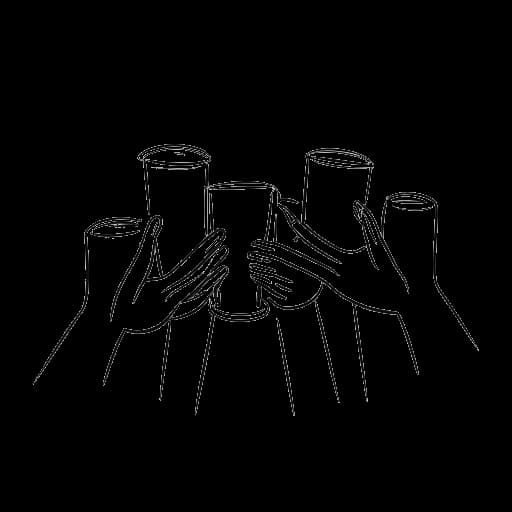 Strichzeichnung einer Gruppe von Freunden, die Händchen halten und Marc Eggers und seinen nüchternen, unterstützenden Freundeskreis darstellen.