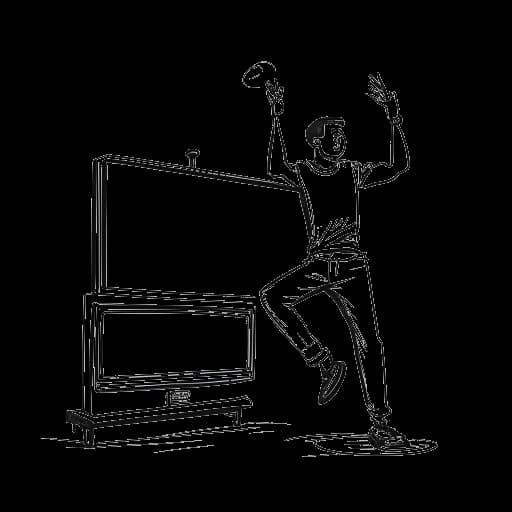 Strichzeichnung eines Mannes auf einem Fernsehbildschirm, der Marc Eggers darstellt, mit Tanzschuhen und einem Mikrofon im Hintergrund.