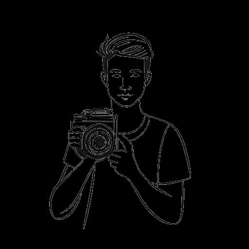 Strichzeichnung eines Mannes mit Kamera, der Marc Eggers darstellt, mit einem YouTube-Play-Button im Hintergrund.