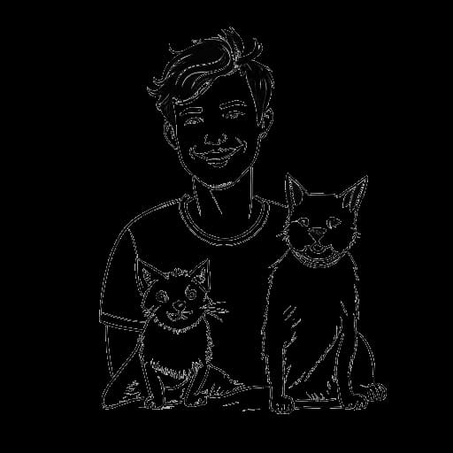 Dessin en ligne d'un jeune homme représentant XXXTentacion tenant un chien et un chat, avec un sourire sur son visage