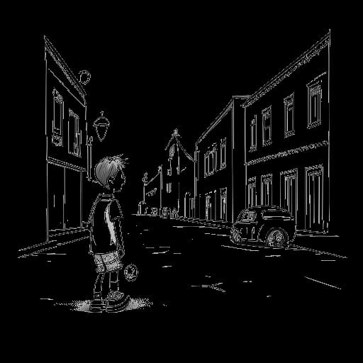 Dibujo en arte lineal de un chico que representa a Iman Gadzhi, mirando un balón de fútbol en un entorno urbano descuidado, simbolizando sus primeros sueños y una infancia desafiante.
