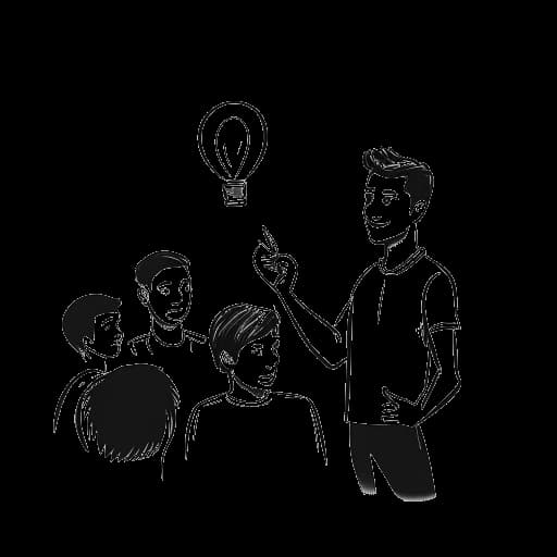 Disegno lineare di un giovane, che rappresenta Iman Gadzhi, che insegna a un gruppo di persone, con un sito web e lampadine sullo sfondo.