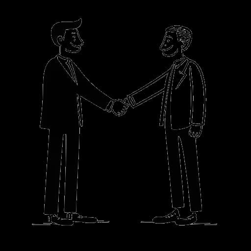 Disegno al tratto di un uomo, che rappresenta Iman Gadzhi, che stringe con sicurezza la mano a un cliente, circondato da loghi di aziende di successo.
