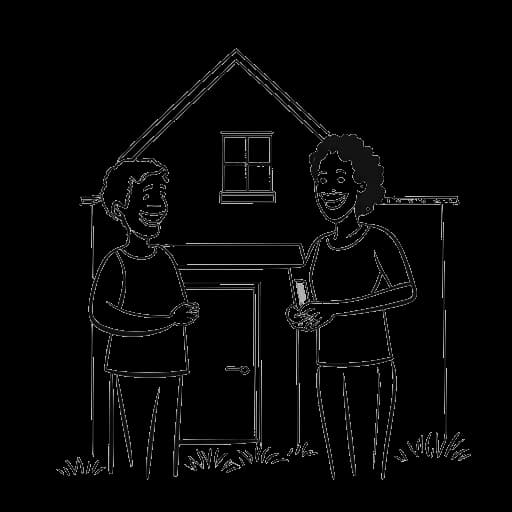 Disegno al tratto di un uomo, che rappresenta Iman Gadzhi, che presenta con orgoglio una casa alla madre, con un sorriso sincero.