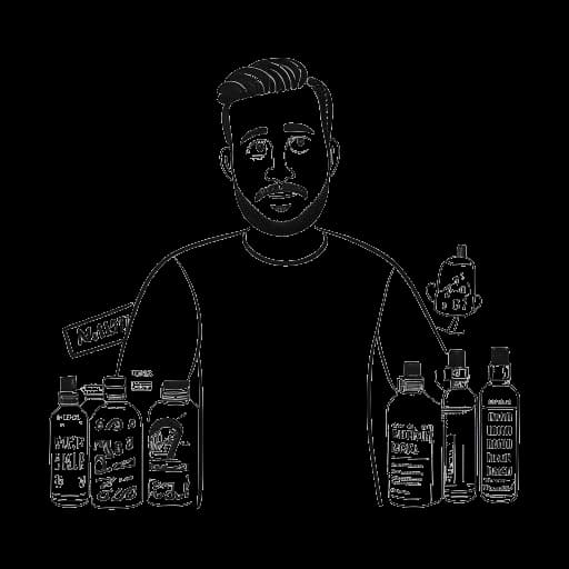 Disegno al tratto di un uomo, che rappresenta Iman Gadzhi, che dice fermamente no all'approvazione di un prodotto, con vari loghi di prodotti sullo sfondo.