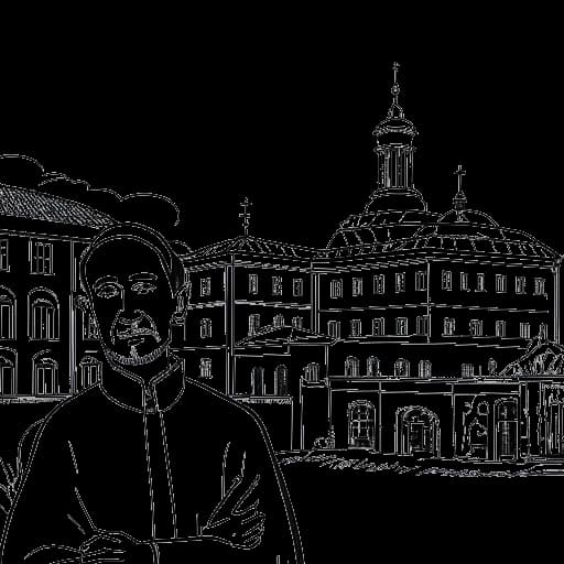 Disegno al tratto di un uomo, che rappresenta Iman Gadzhi, che insegna con determinazione da solo, con edifici universitari tradizionali sullo sfondo.