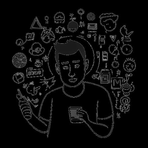 Disegno lineare di un uomo, che rappresenta Iman Gadzhi, che condivide apertamente la sua vita e le sue sfide sui social media, con varie icone di social media sullo sfondo.