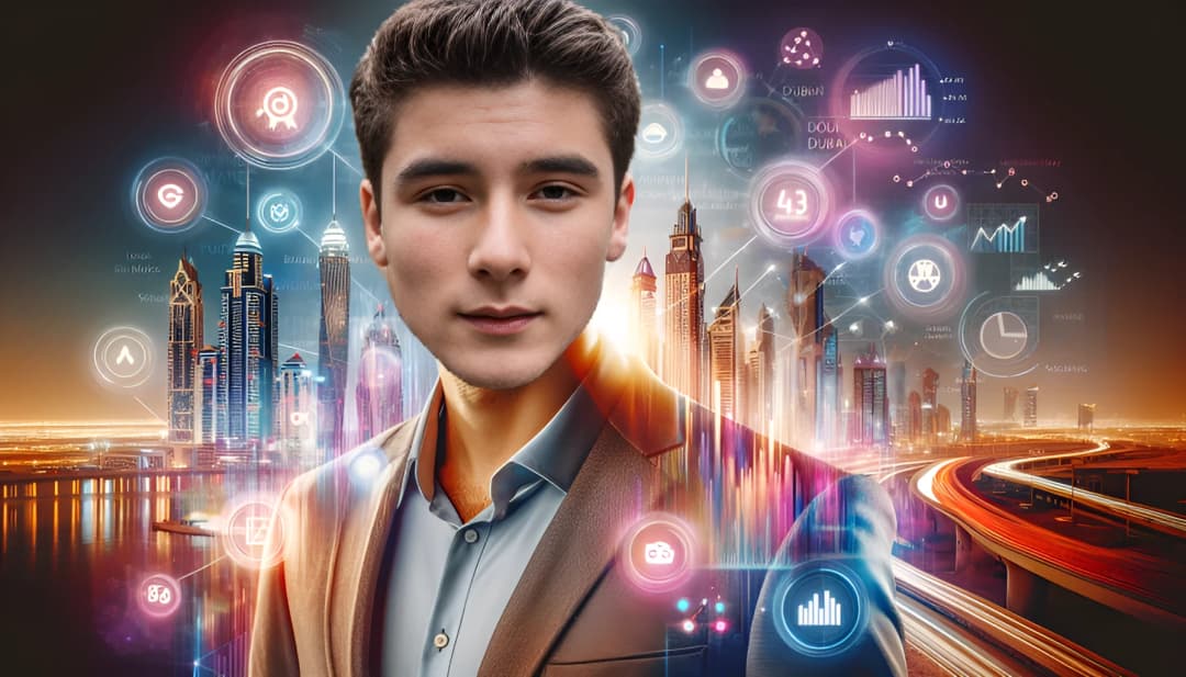Iman Gadzhi in einem smarten Freizeit-Look, innerhalb seines luxuriösen Palm Jumeirah Wohnsitzes, verbreitet eine erfolgreiche Unternehmerstimmung mit Dubais Wolkenkratzern und Elementen des digitalen Marketings um ihn herum.
