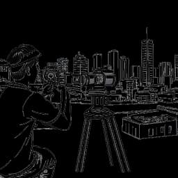 Strichzeichnung eines Mannes, der Marti Fischer beim Filmen eines Vlogs darstellt, umgeben von Kameras und Mikrofonen, mit einem Stadtbild im Hintergrund.