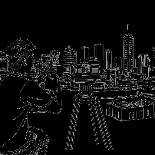 Strichzeichnung eines Mannes, der Marti Fischer beim Filmen eines Vlogs darstellt, umgeben von Kameras und Mikrofonen, mit einem Stadtbild im Hintergrund.